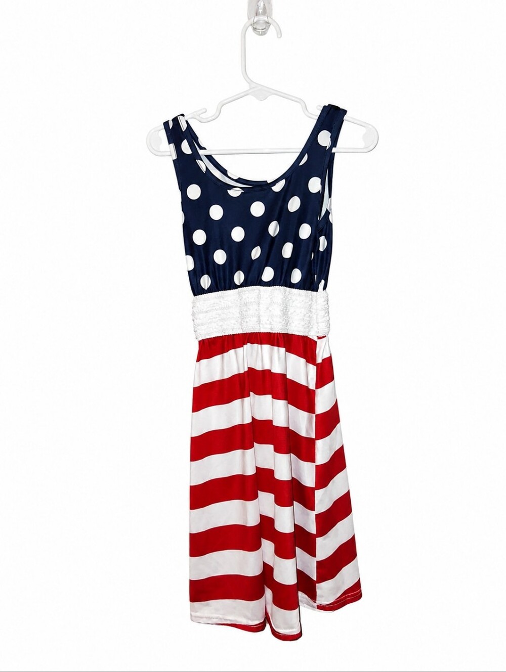 Toddler Girls Patriotic Red White Blue Polka Dot & Stripe Sleeveless Dress | 4th - Picture 1 of 3